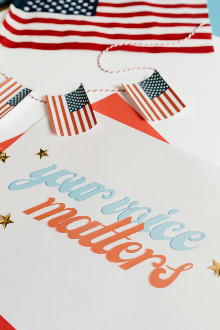 American flag with "your voice matters" message, symbolizing democracy and patriotism.